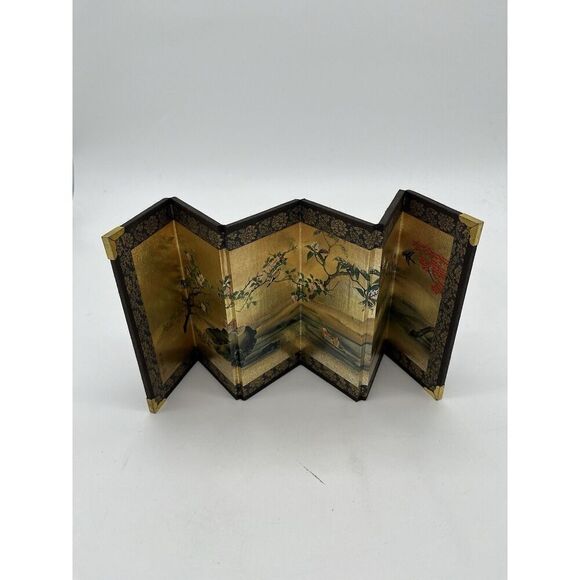 Japanese Folding Screen Seasonal Flowers Birds and Cherry Blossoms 14.6 x 5.5 in - Picture 2 of 4